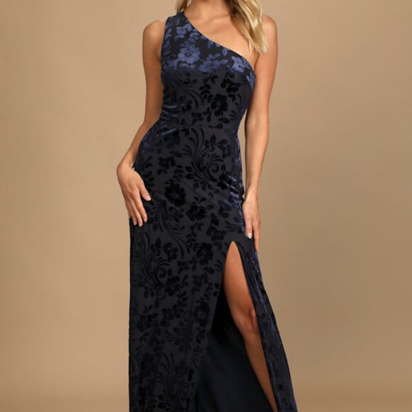 Lulus Marvelous Moi Navy Blue Burnout Velvet One-shoulder Maxi Dress - Size S - Picture 1 of 1